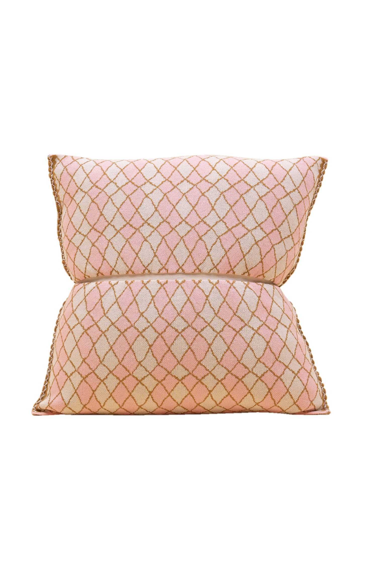 front side of pink bow-shaped knit pillowcase with romb pattern in viscose