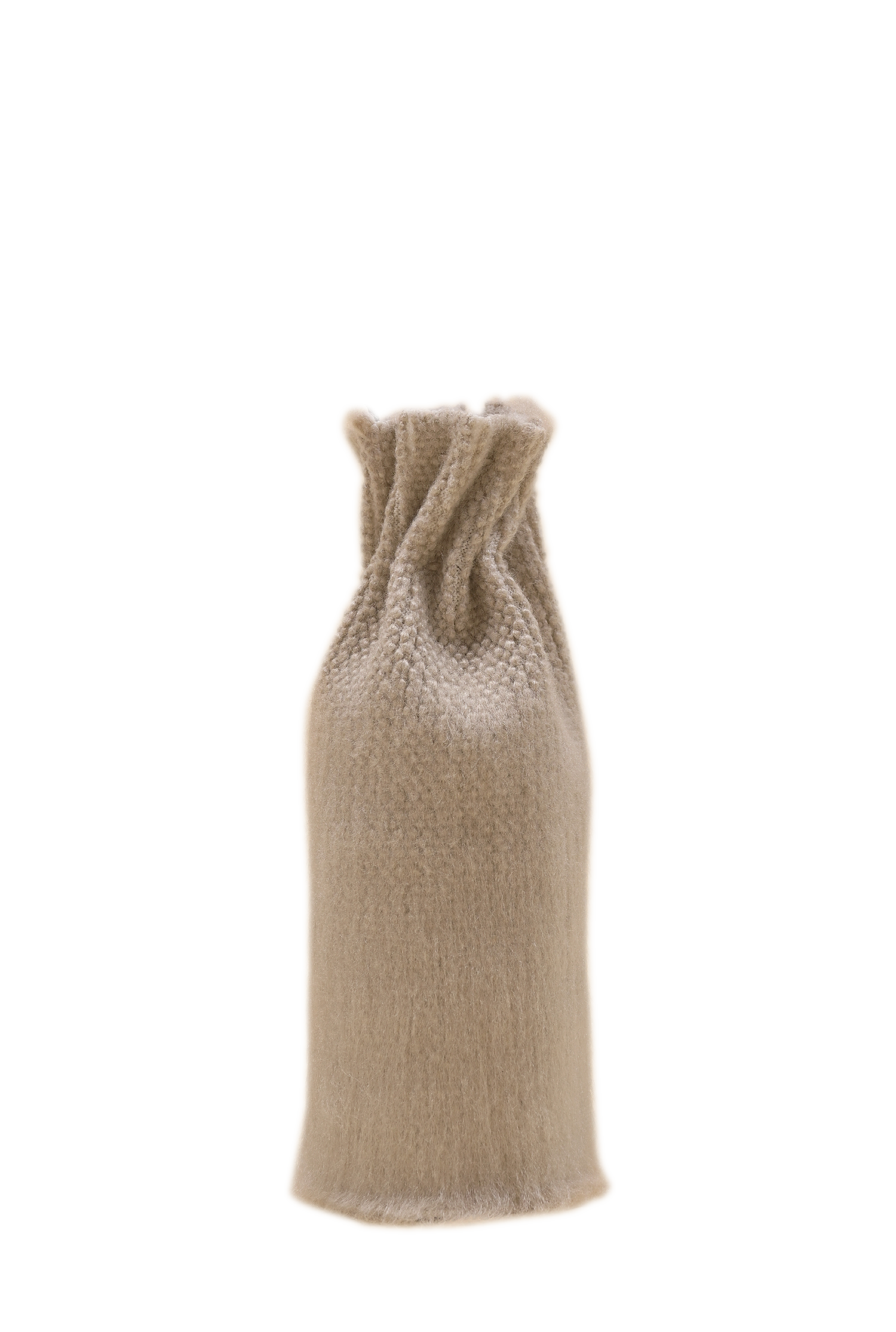 front view of beige knit textile vase in brushed silk and organic cotton
