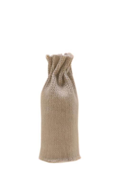front view of beige knit textile vase in brushed silk and organic cotton
