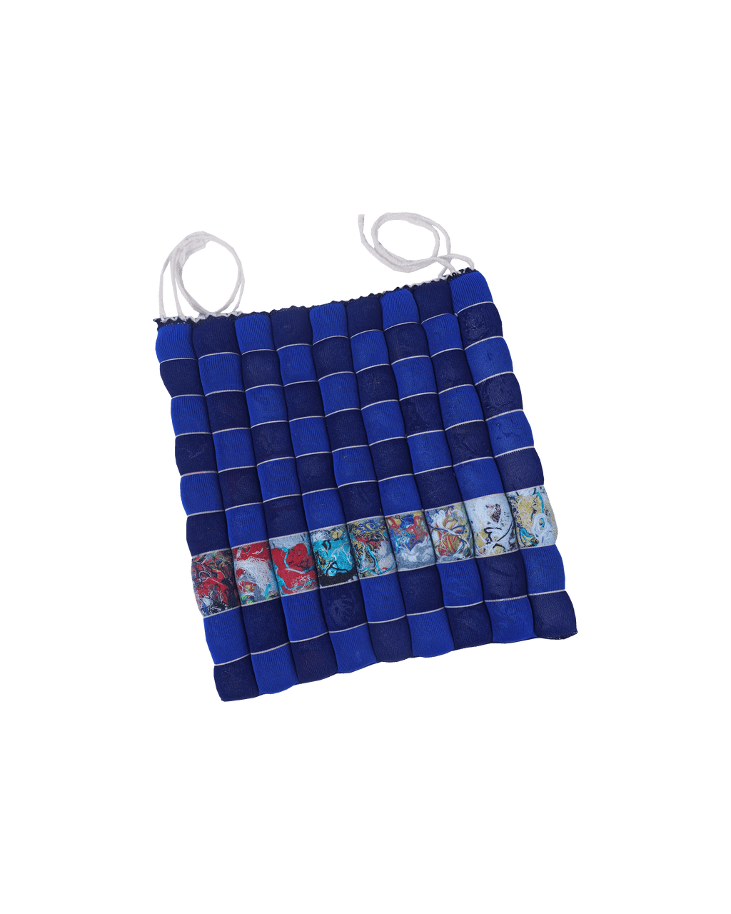 front side of blue/navy knit checkered seat cushion with upcycled materials