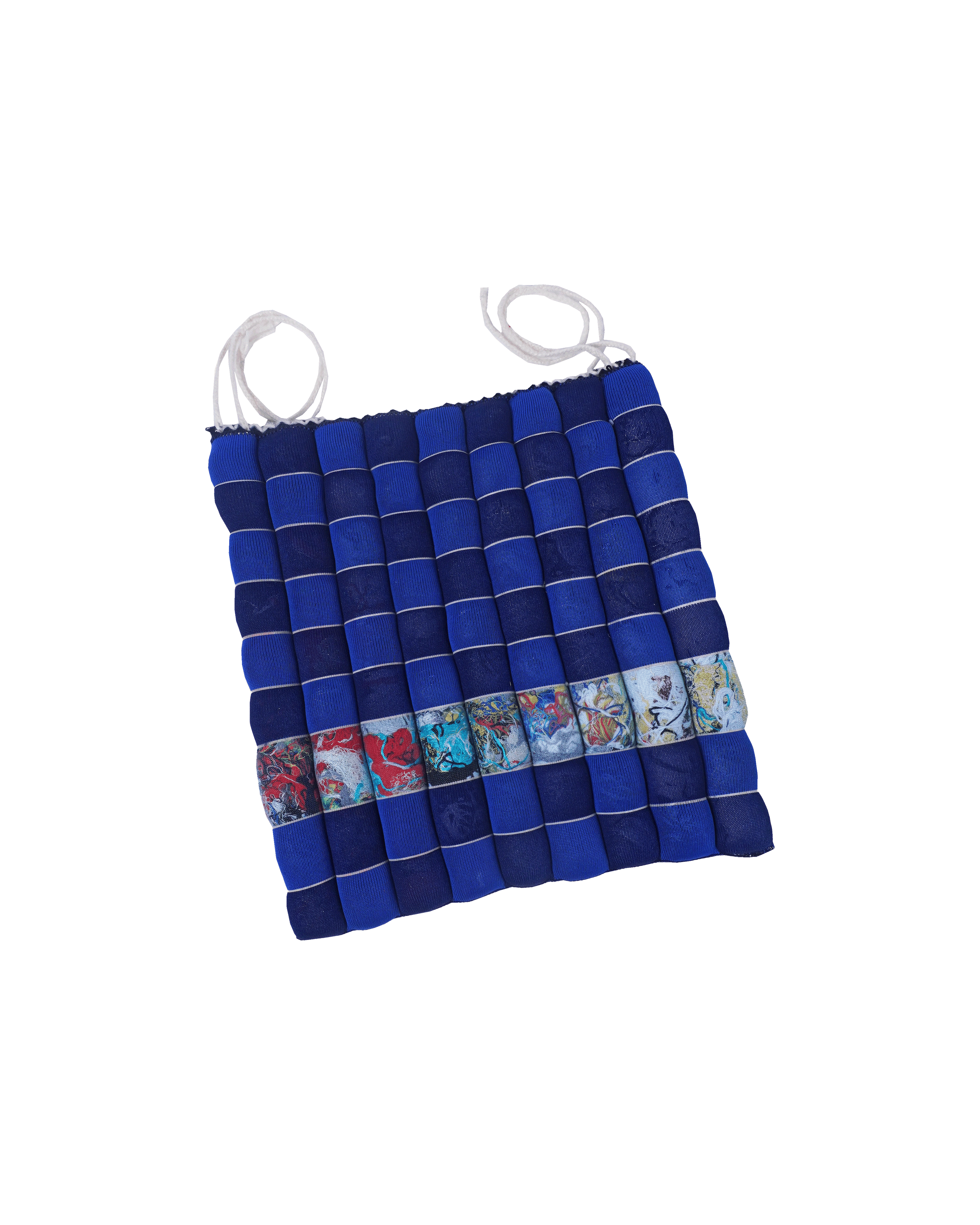 front side of blue/navy knit checkered seat cushion with upcycled materials