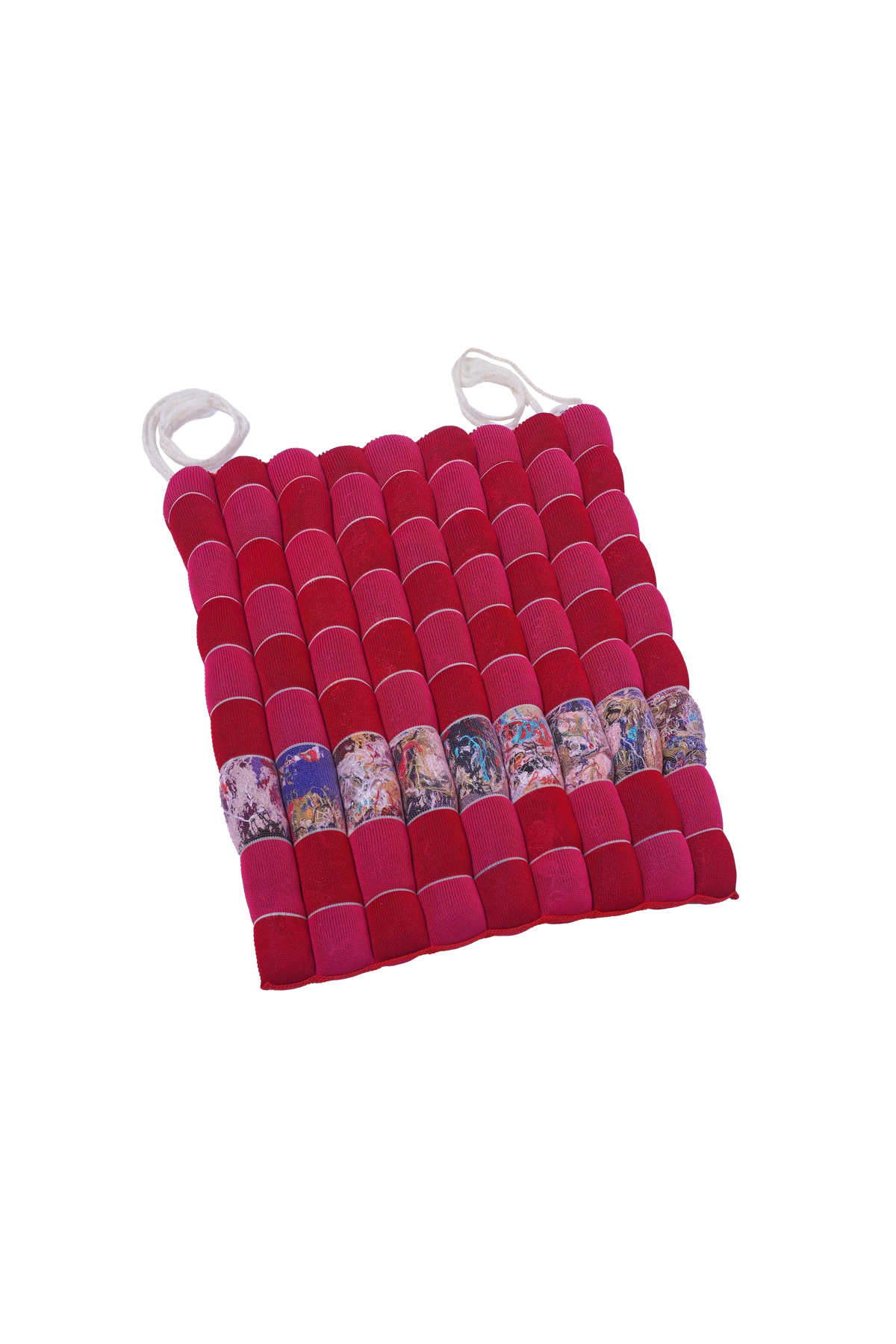 [red/pink][cover] front view of the red and pink checkered knit seat cushion made from upcycled yarn