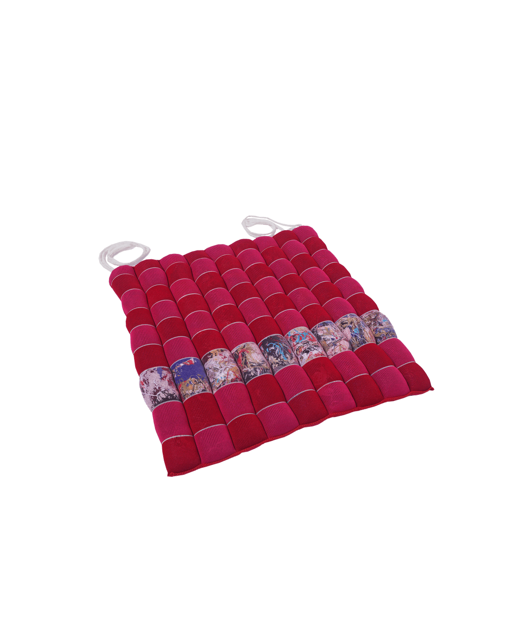 front view of red/pink knit checkered seat cushion with upcycled materials