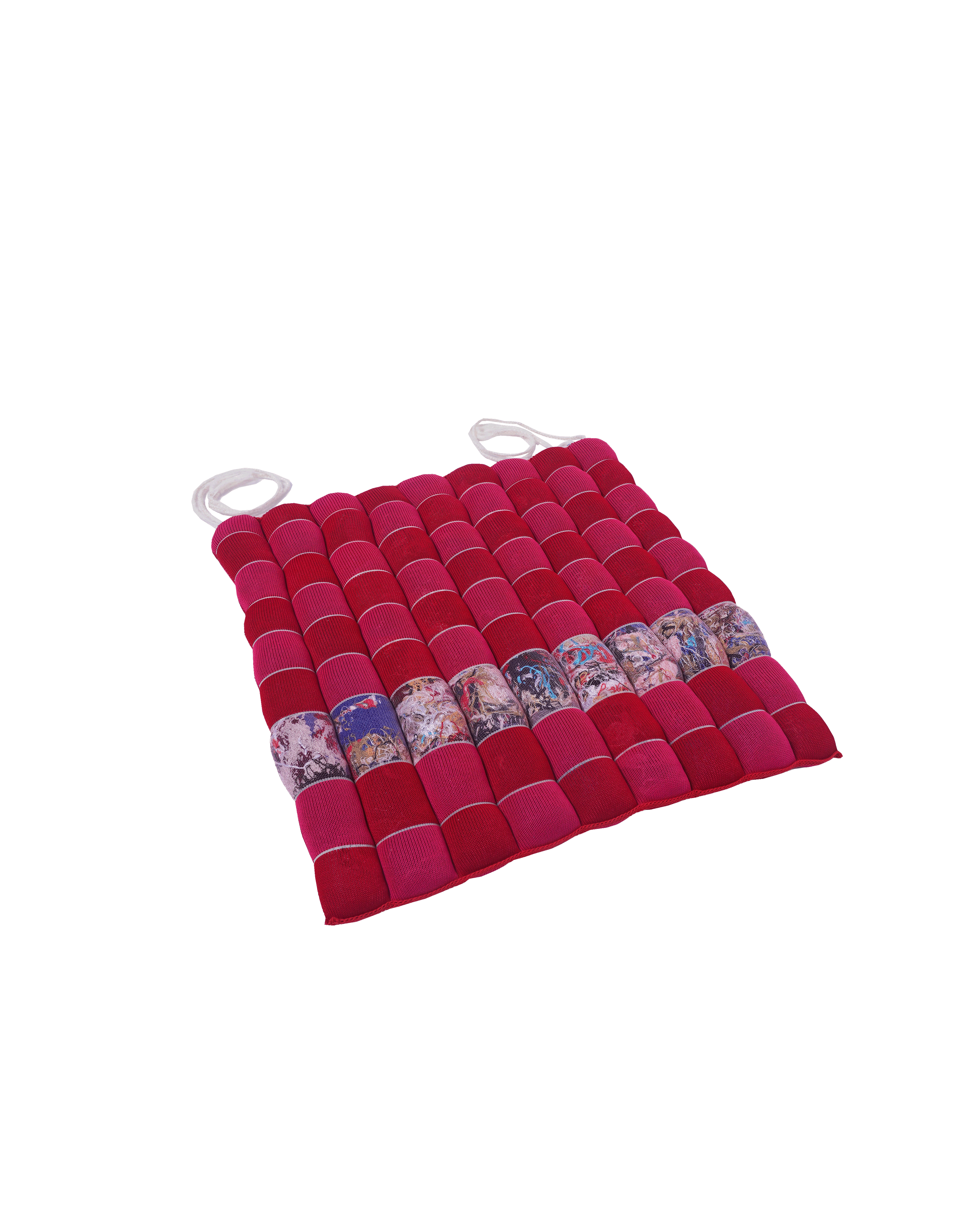 front view of red/pink knit checkered seat cushion with upcycled materials