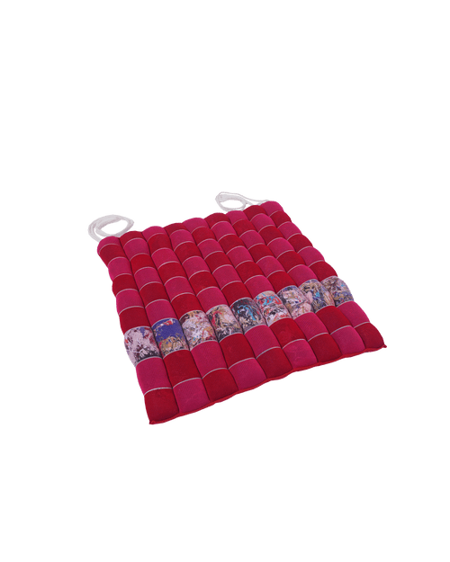 front view of red/pink knit checkered seat cushion with upcycled materials