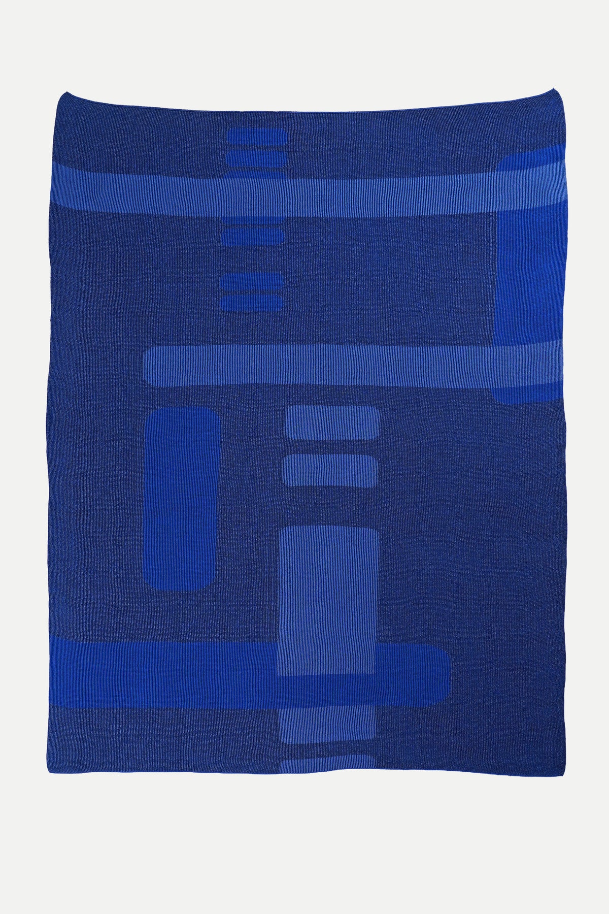 geometric column knit blanket in blue, flat lay, wool and organic cotton [blue]
