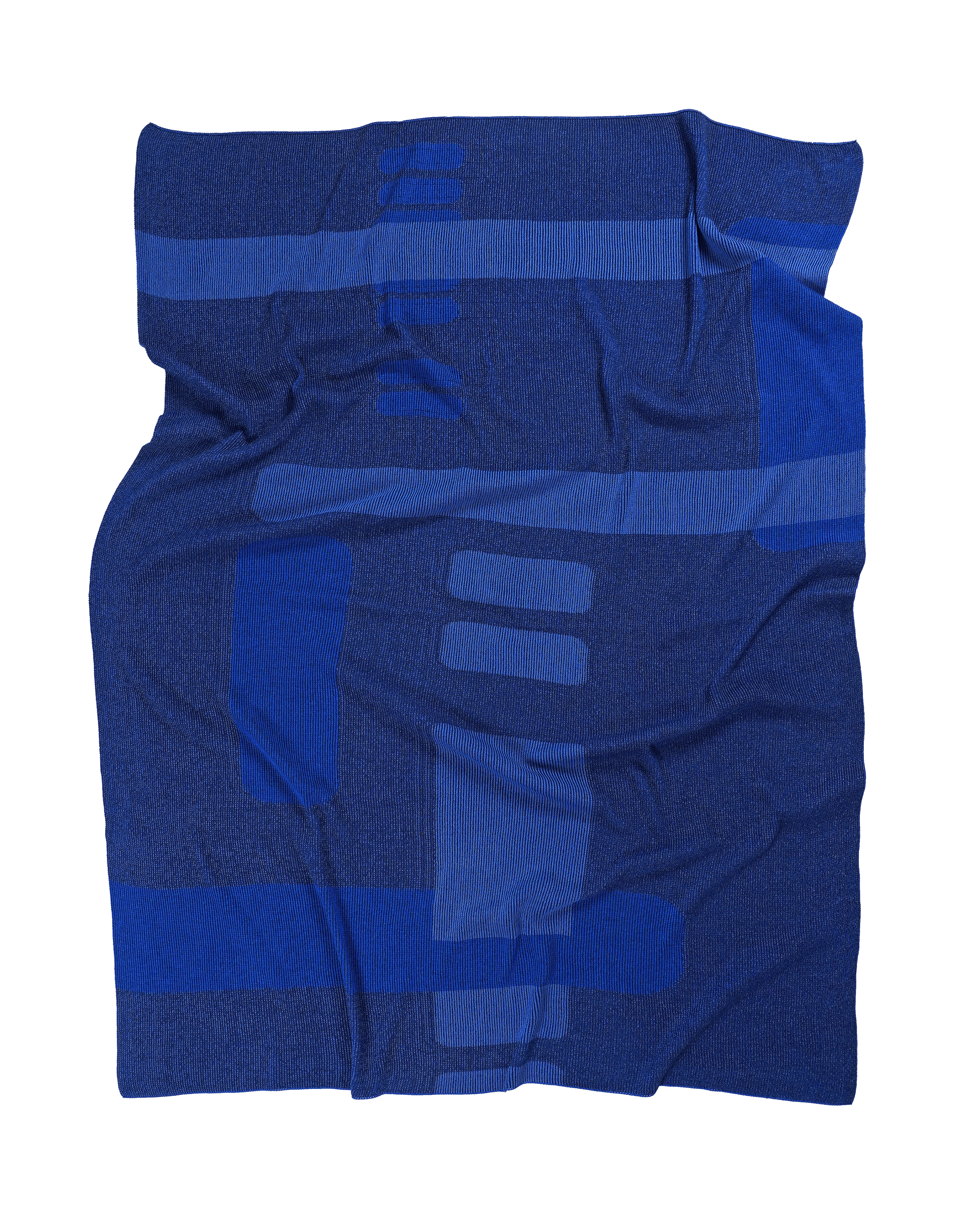 front side of blue geometric column knit blanket in merino wool and organic cotton