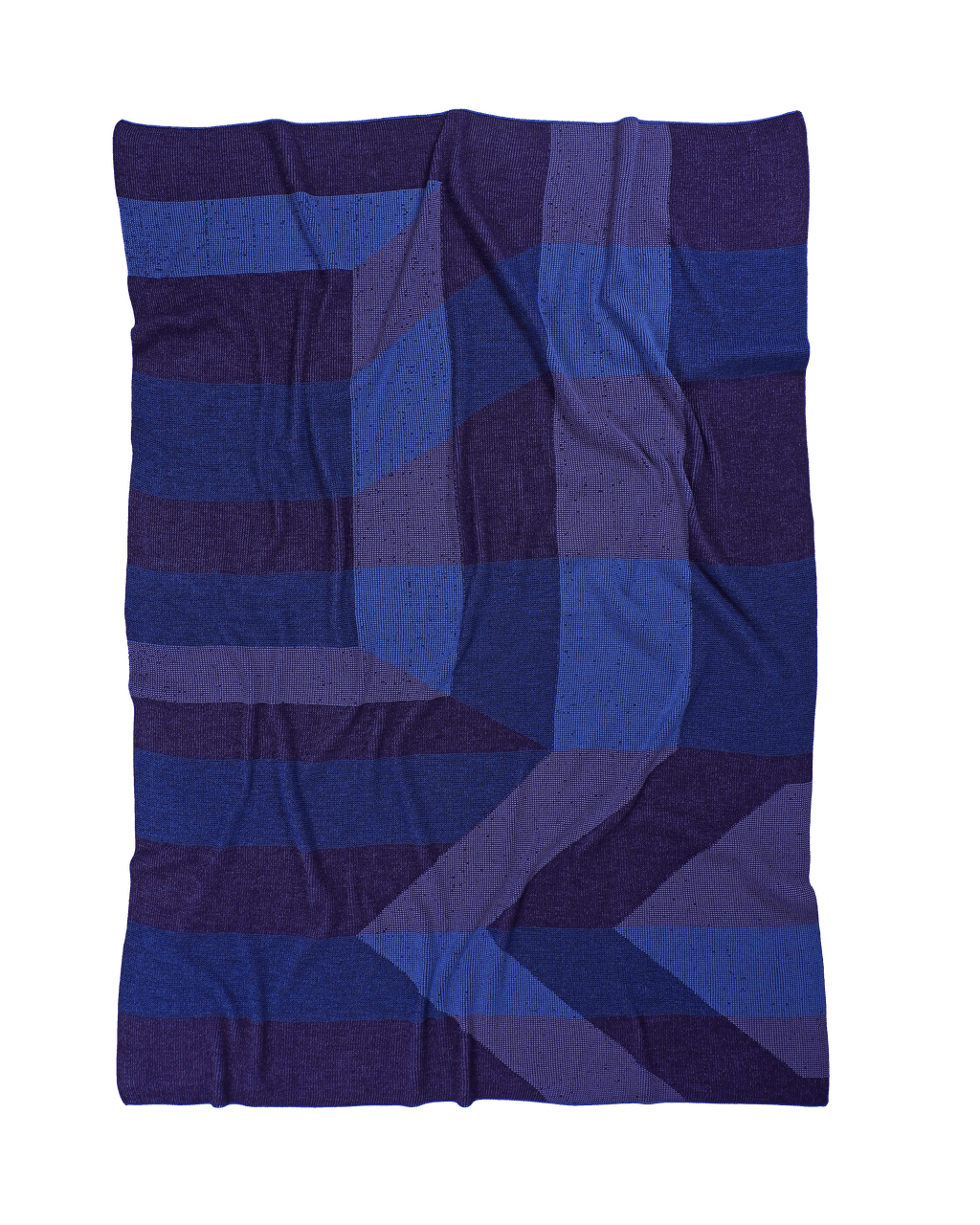 front side of blue/purple geometric ikat knit blanket in merino wool and organic cotton