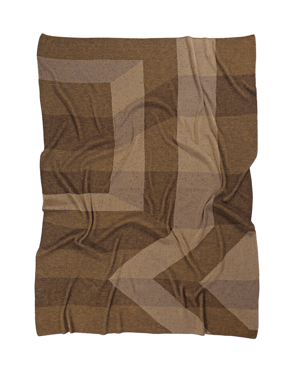 front side of brown/gold geometric ikat knit blanket in merino wool and organic cotton