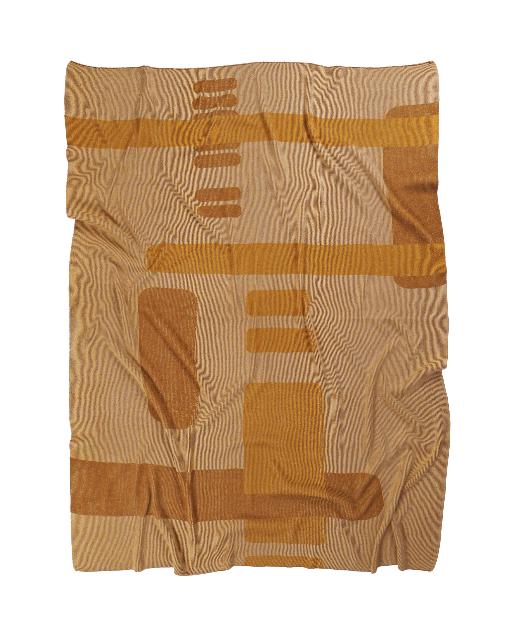 front side of ochre geometric column knit blanket in merino wool and organic cotton