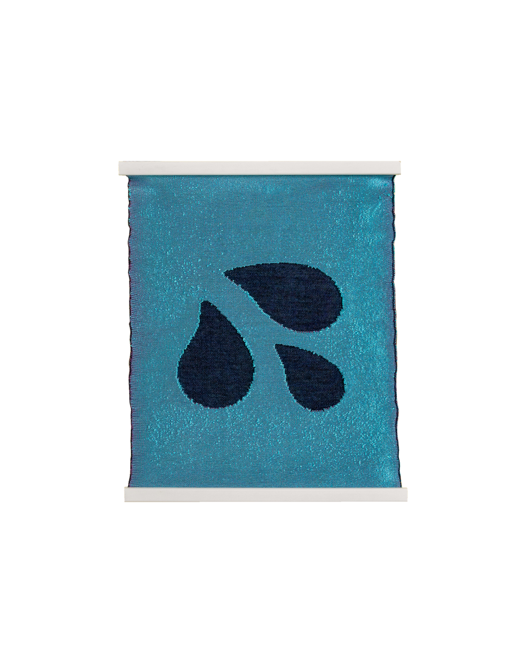 front view of blue knit wall hanging with wooden magnetic frame