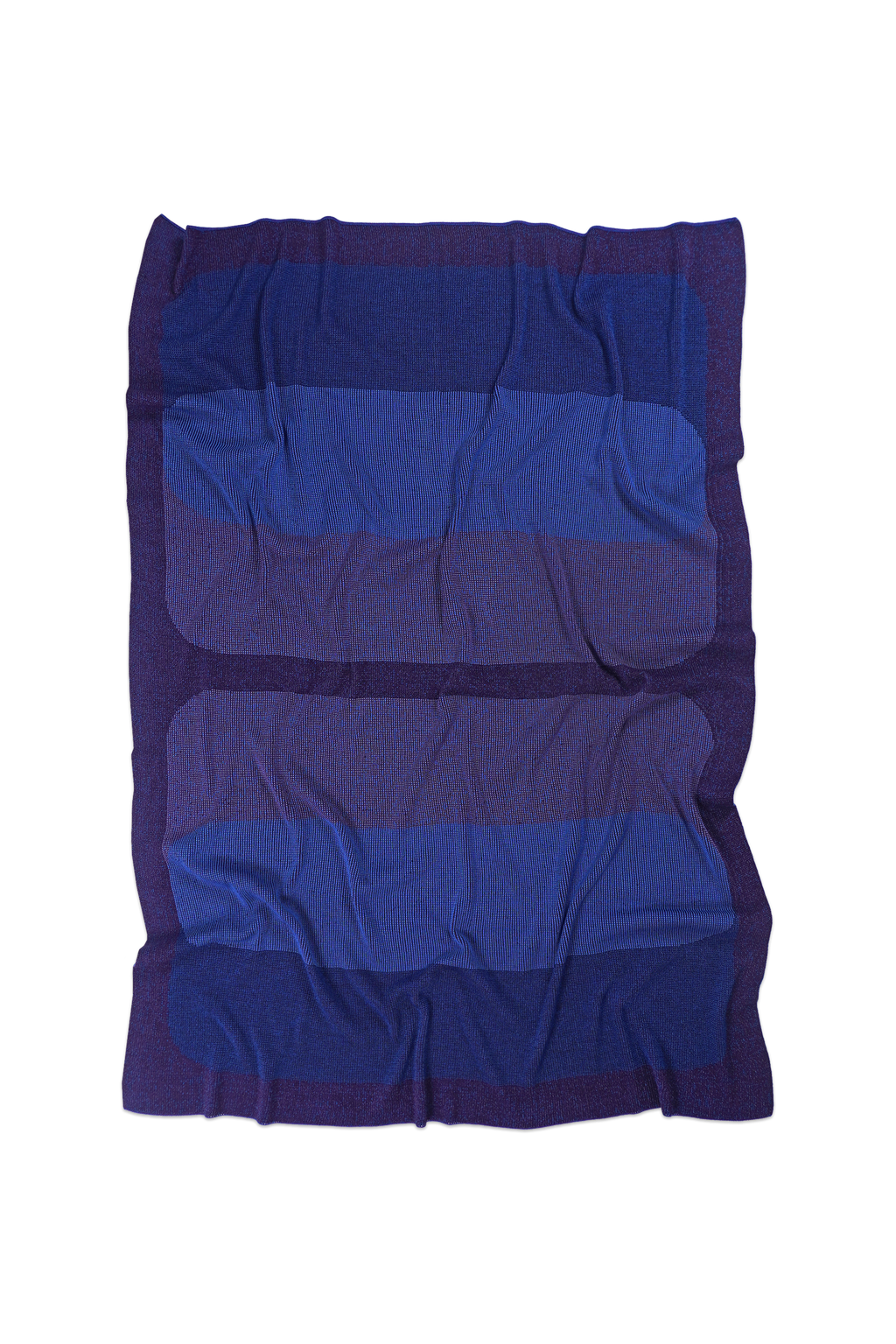 front side of purple/blue knit blanket with rectangles in merino wool and organic cotton