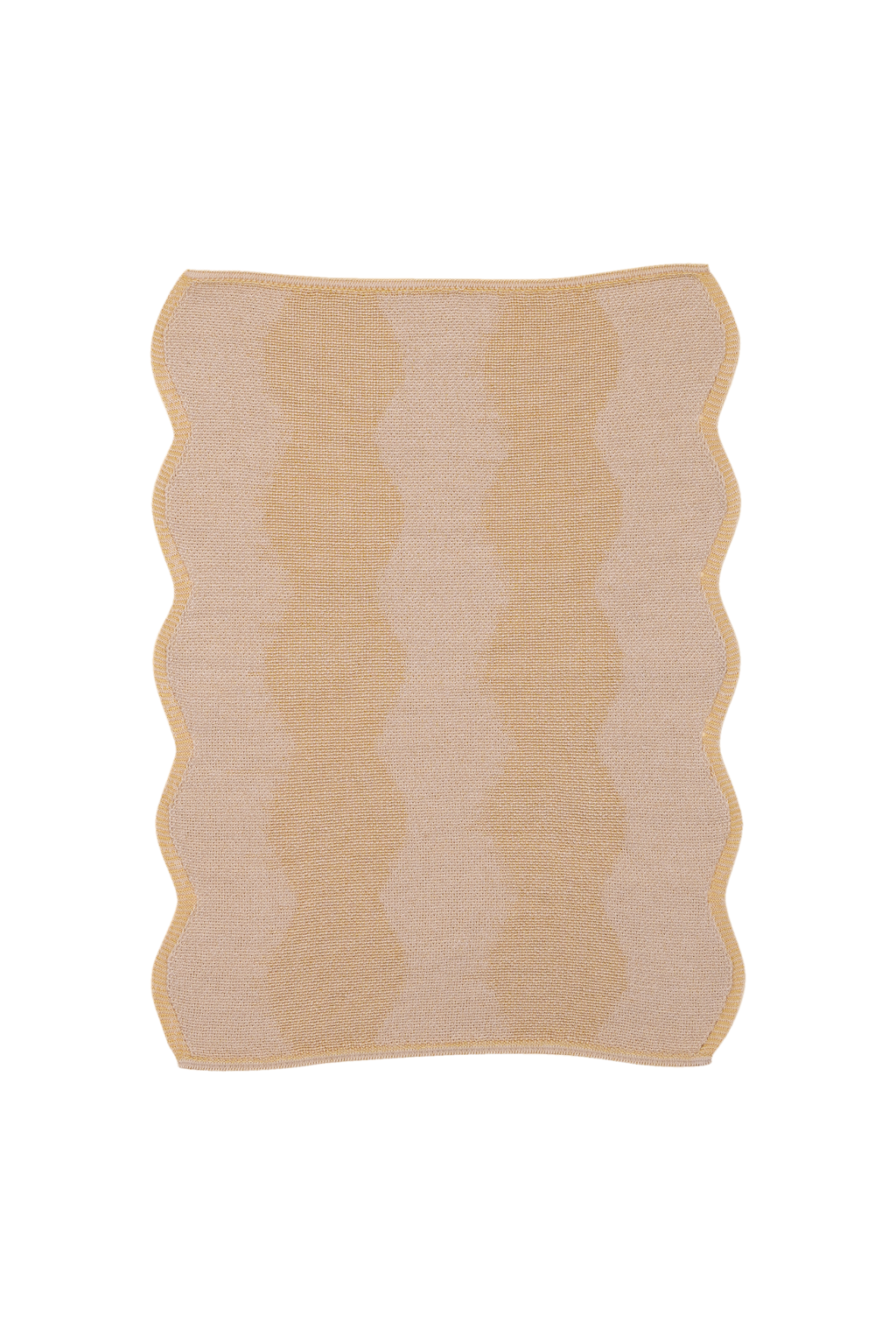 top view of beige and yellow knit organic cotton and hemp table mat with wavy pattern