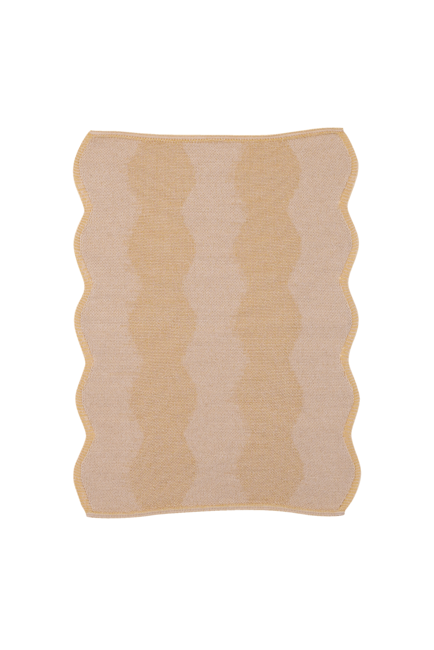 top view of beige and yellow knit organic cotton and hemp table mat with wavy pattern