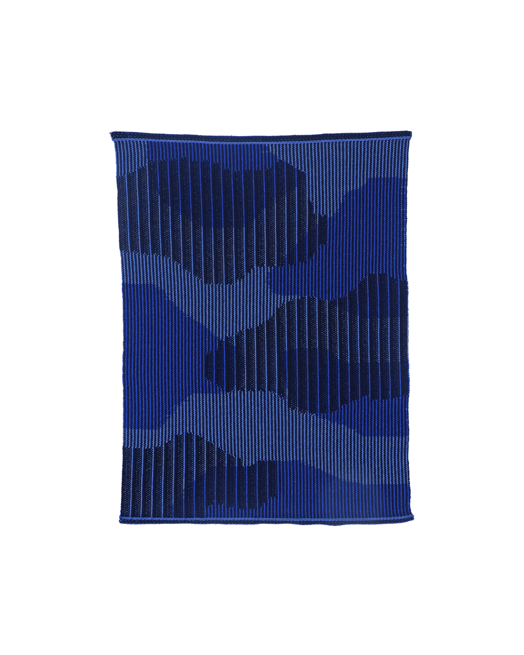 top view of blue knit organic cotton table mat with abstract design