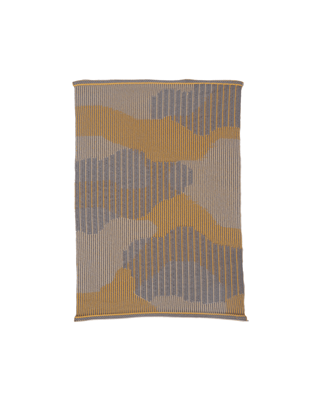 top view of yellow knit organic cotton table mat with abstract design