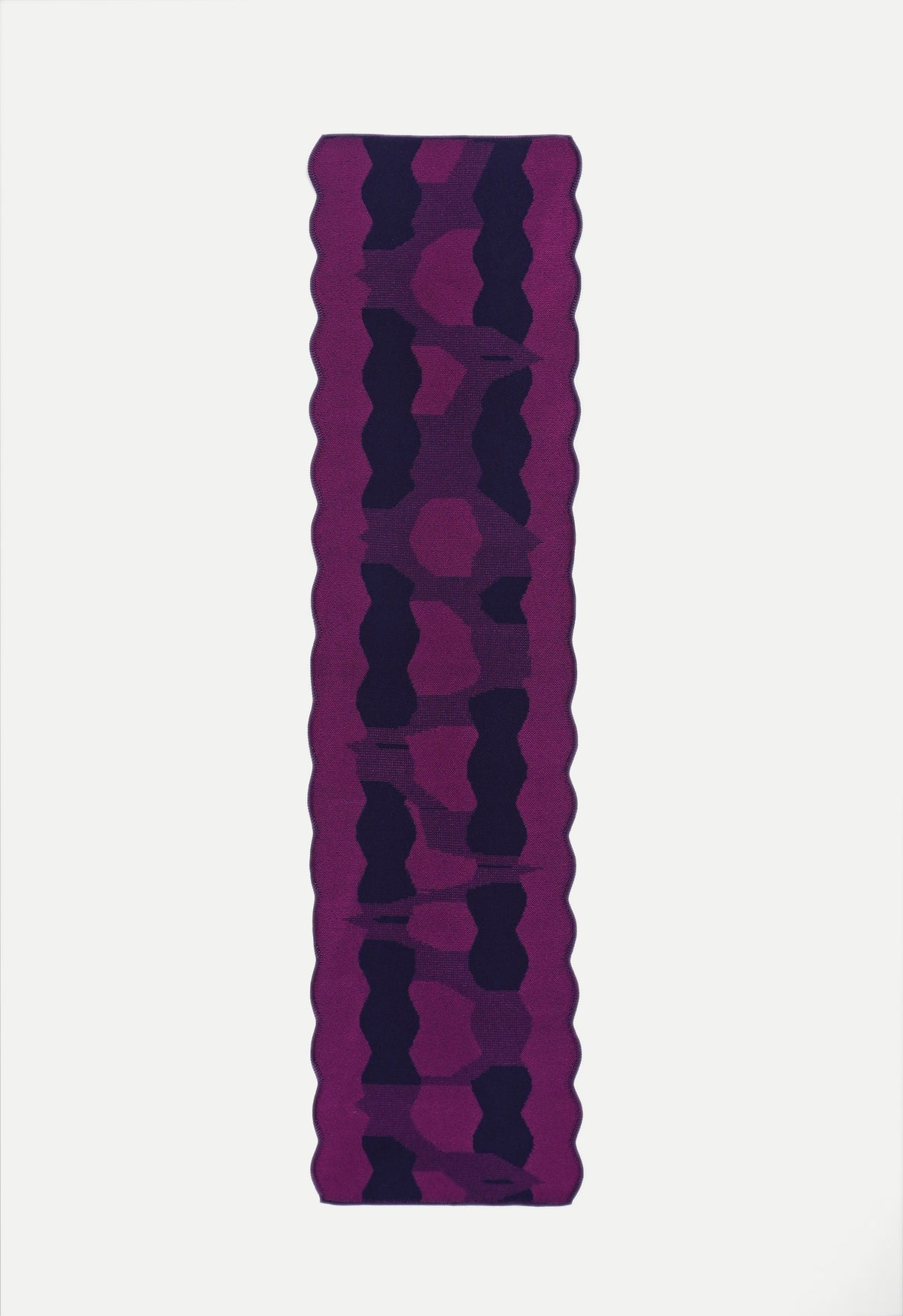 [open] [purple] knit organic cotton and viscose table runner with abstract pattern and wavy edges