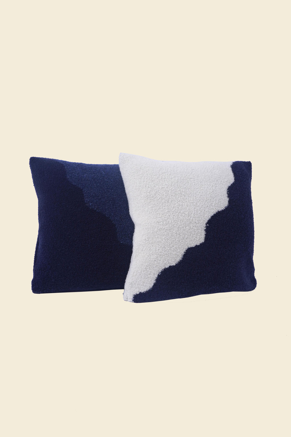 front view of off-white/navy knit plush pillowcase in viscose and merino wool