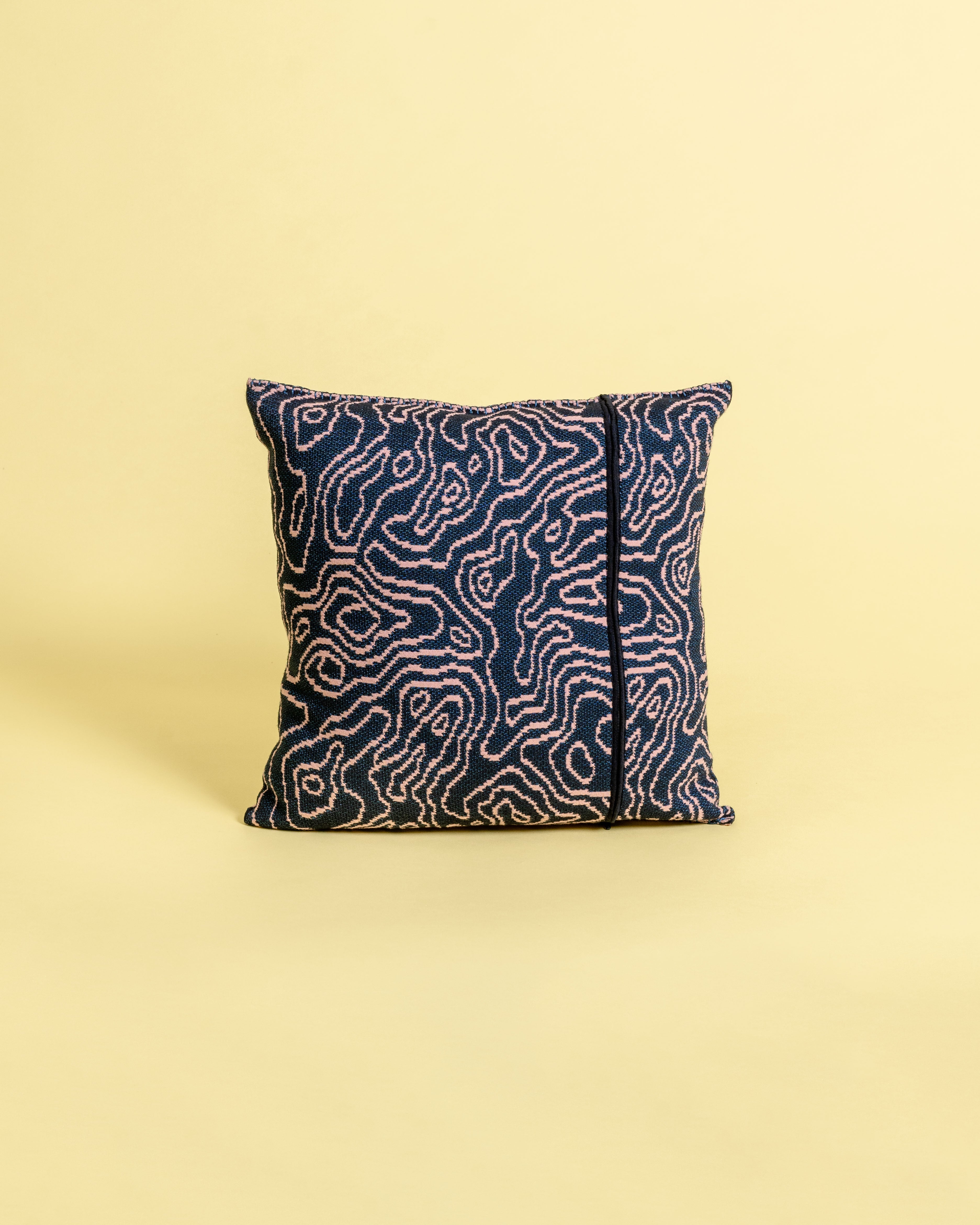 back side of navy/pink soft viscose knit pillowcase with organic curves pattern