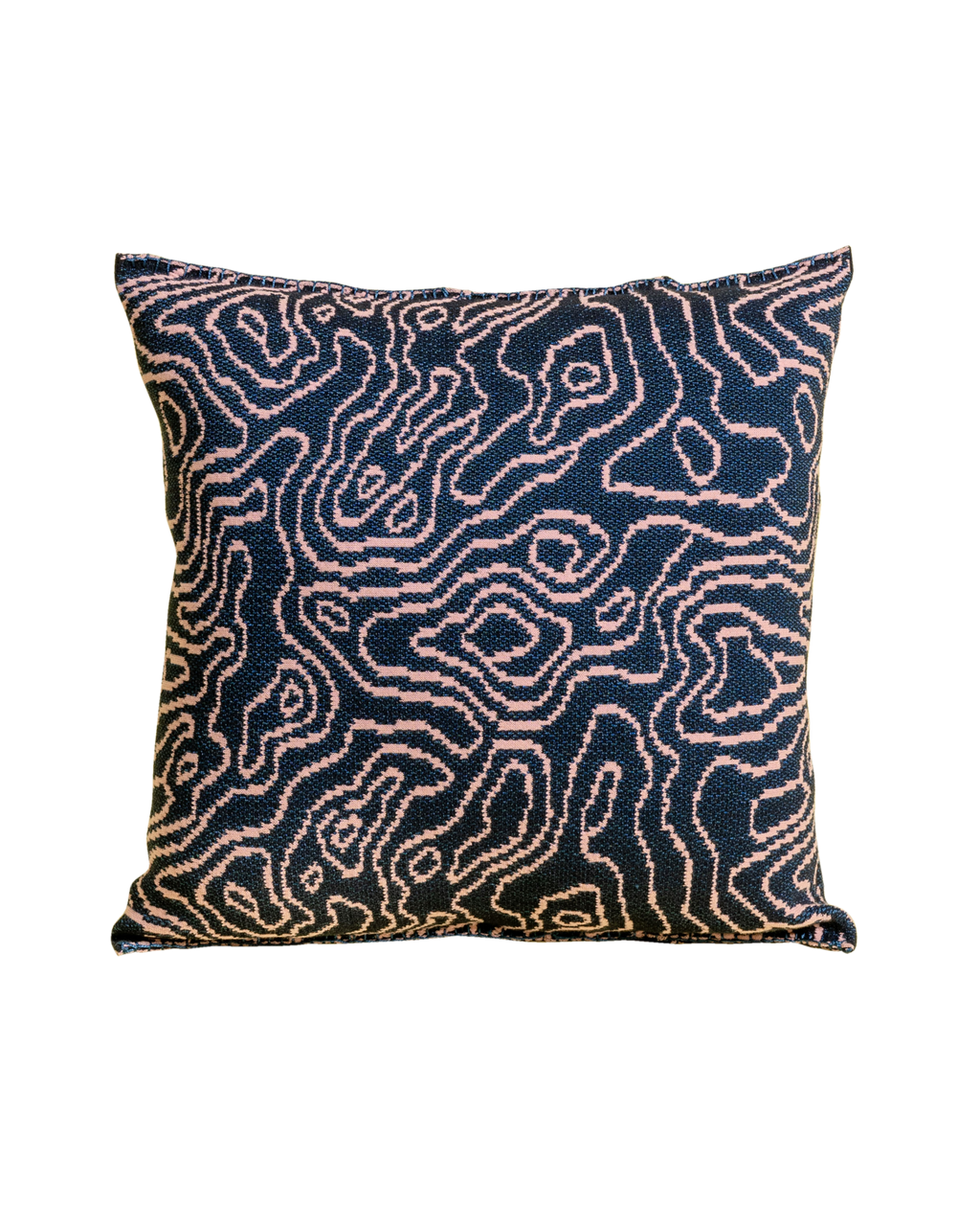 front side of navy/pink soft viscose knit pillowcase with organic curves pattern
