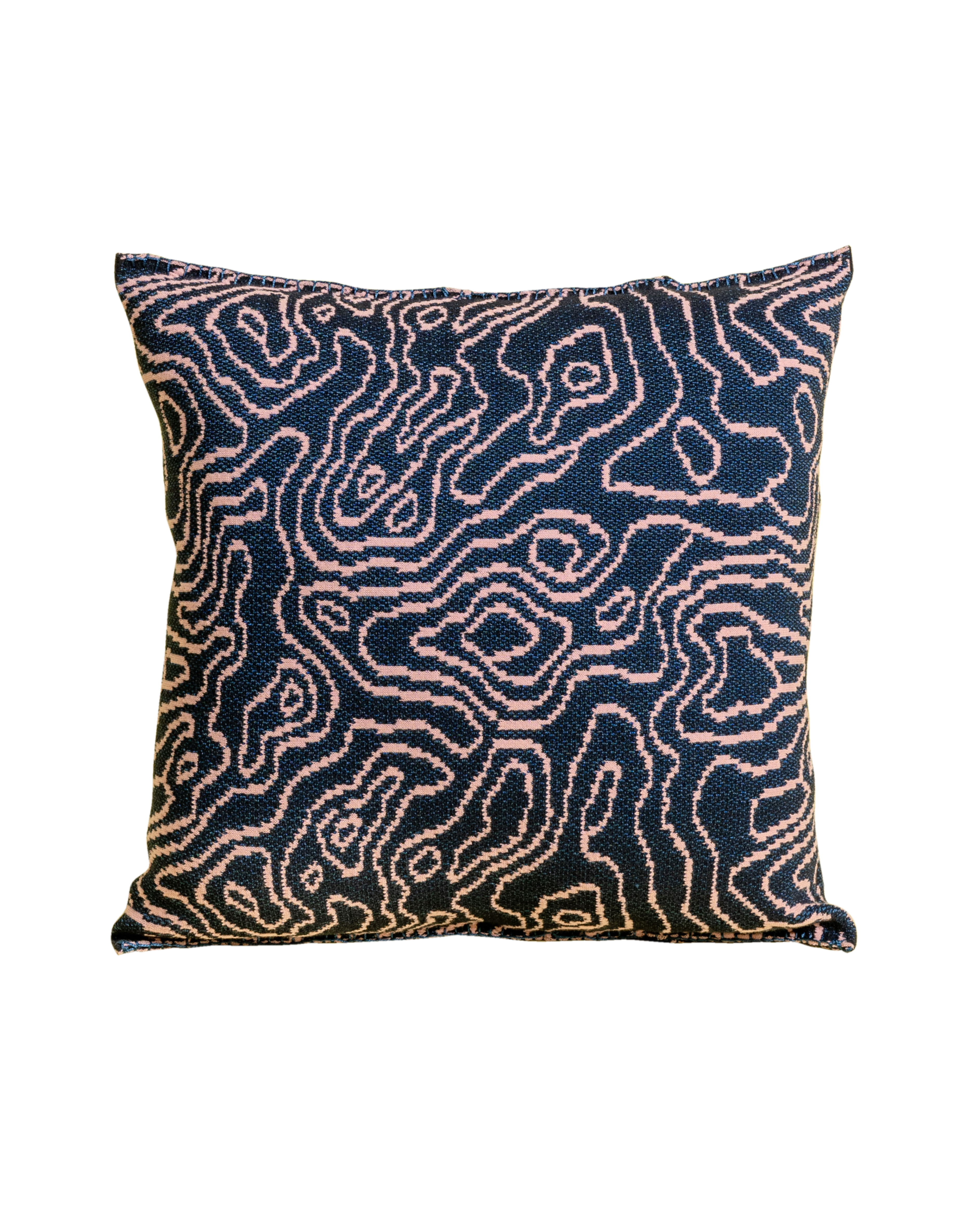 front side of navy/pink soft viscose knit pillowcase with organic curves pattern
