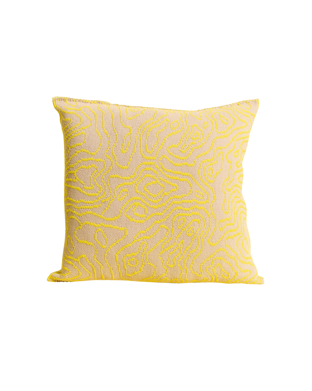 front side of yellow/beige soft viscose knit pillowcase with organic curves pattern