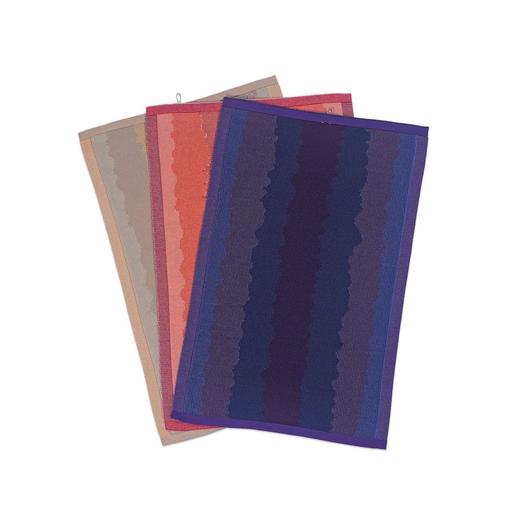 front view of purple, red and yellow knit organic cotton kitchen towel set with wavy pattern