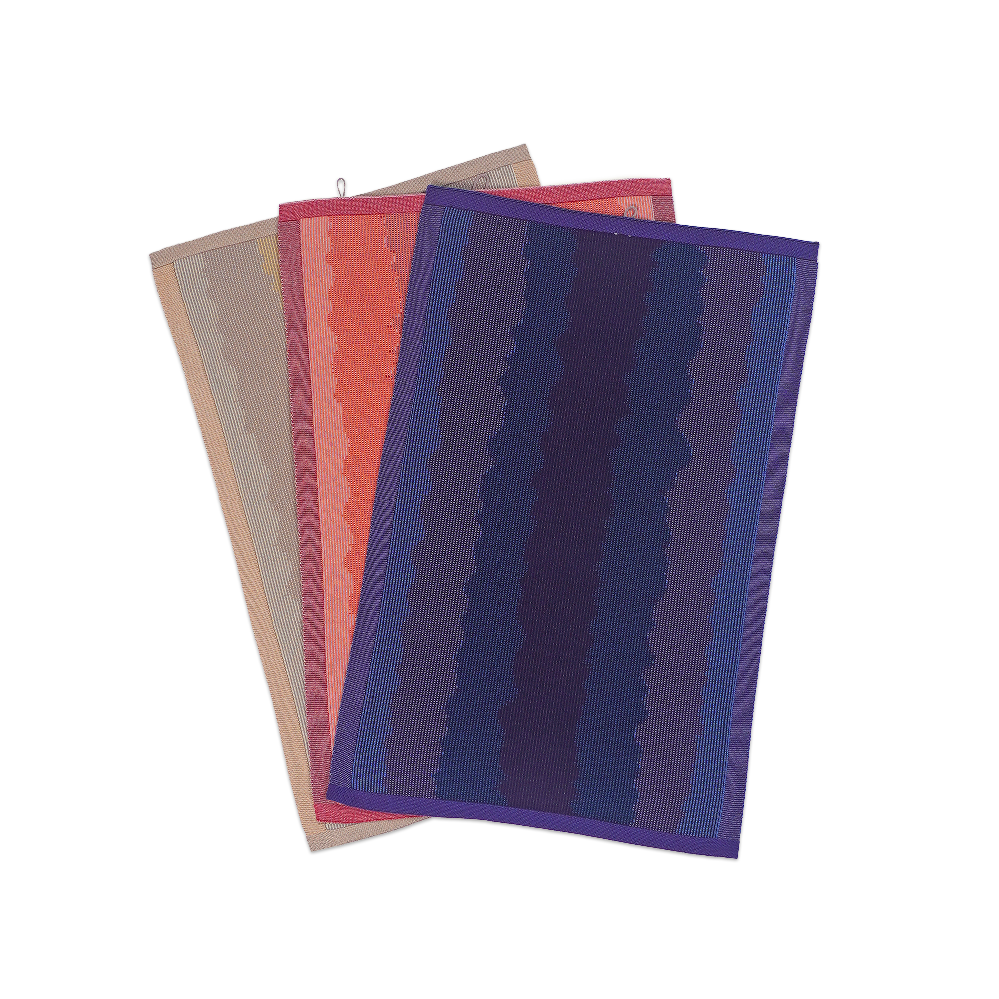 front view of purple, red and yellow knit organic cotton kitchen towel set with wavy pattern
