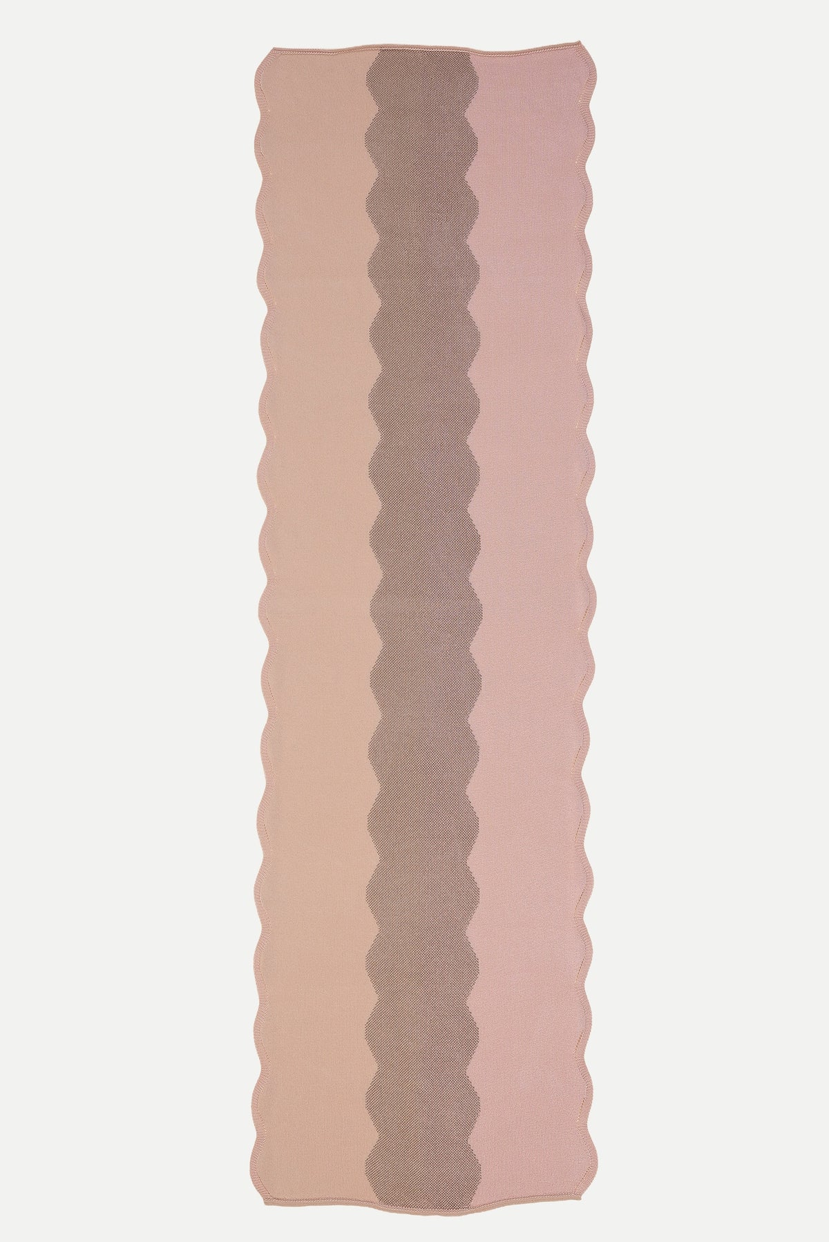 [pink][open] folded top view of wavy knit organic cotton table runner in pink