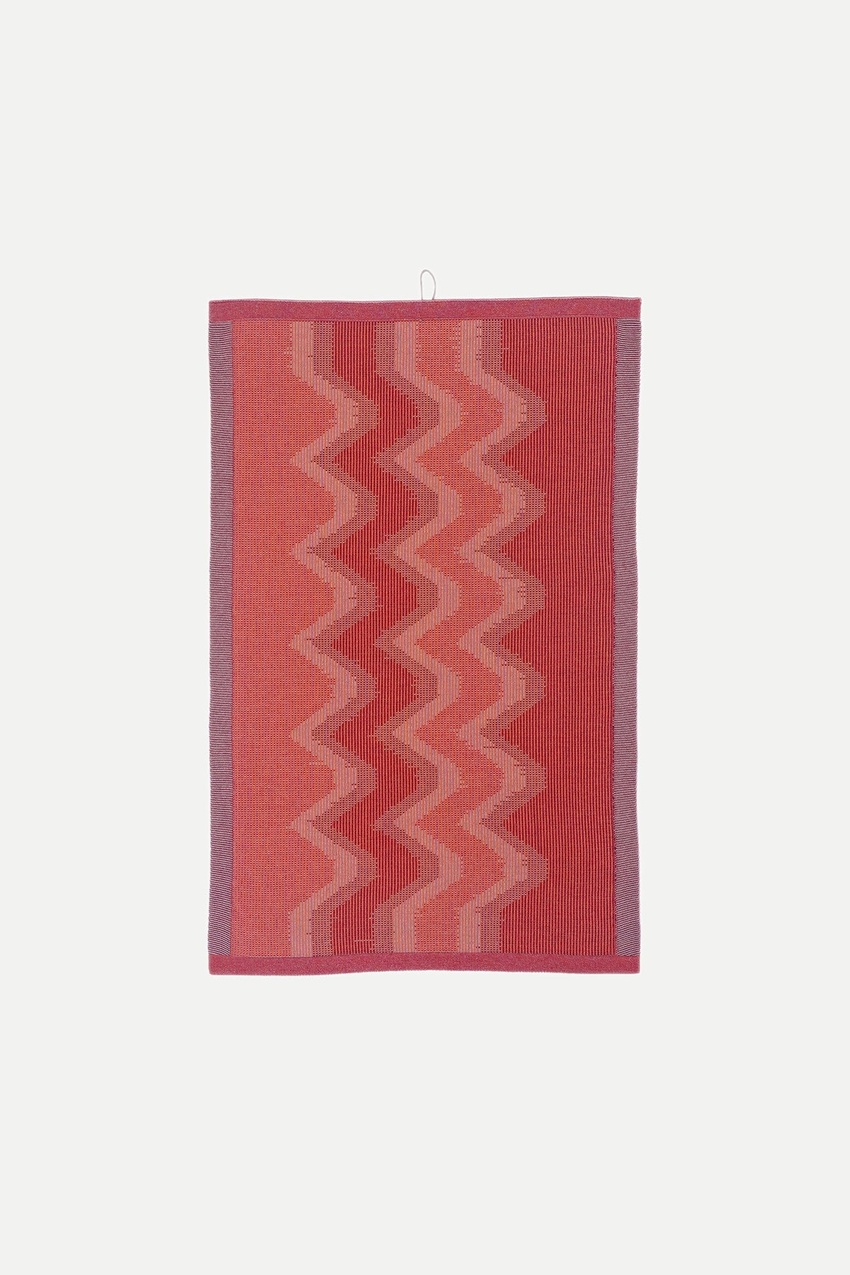 [red] red and salmon knit organic cotton kitchen towel from the zig zag set of 2, hanging flat