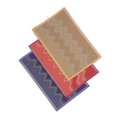 top view of yellow, red and purple knit organic cotton kitchen towel set with zig zag pattern