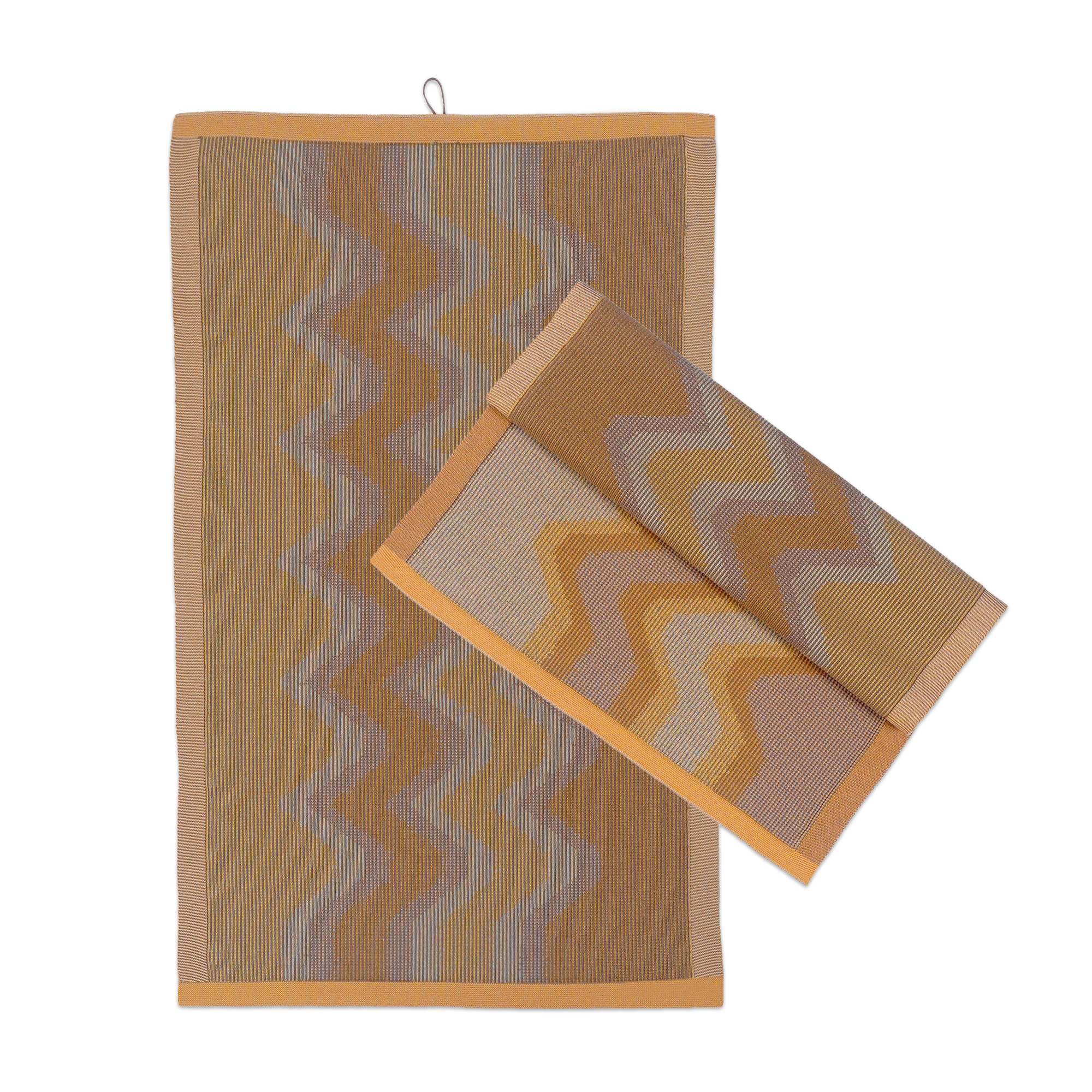front view of yellow knit organic cotton kitchen towel set with zig zag pattern